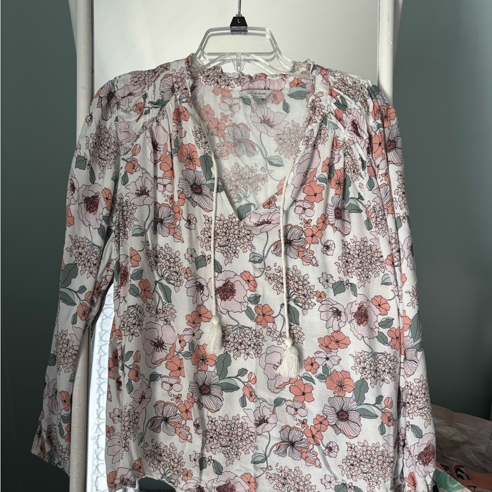 Lucky Brand Cream and White Puff Sleeve Blouse XL